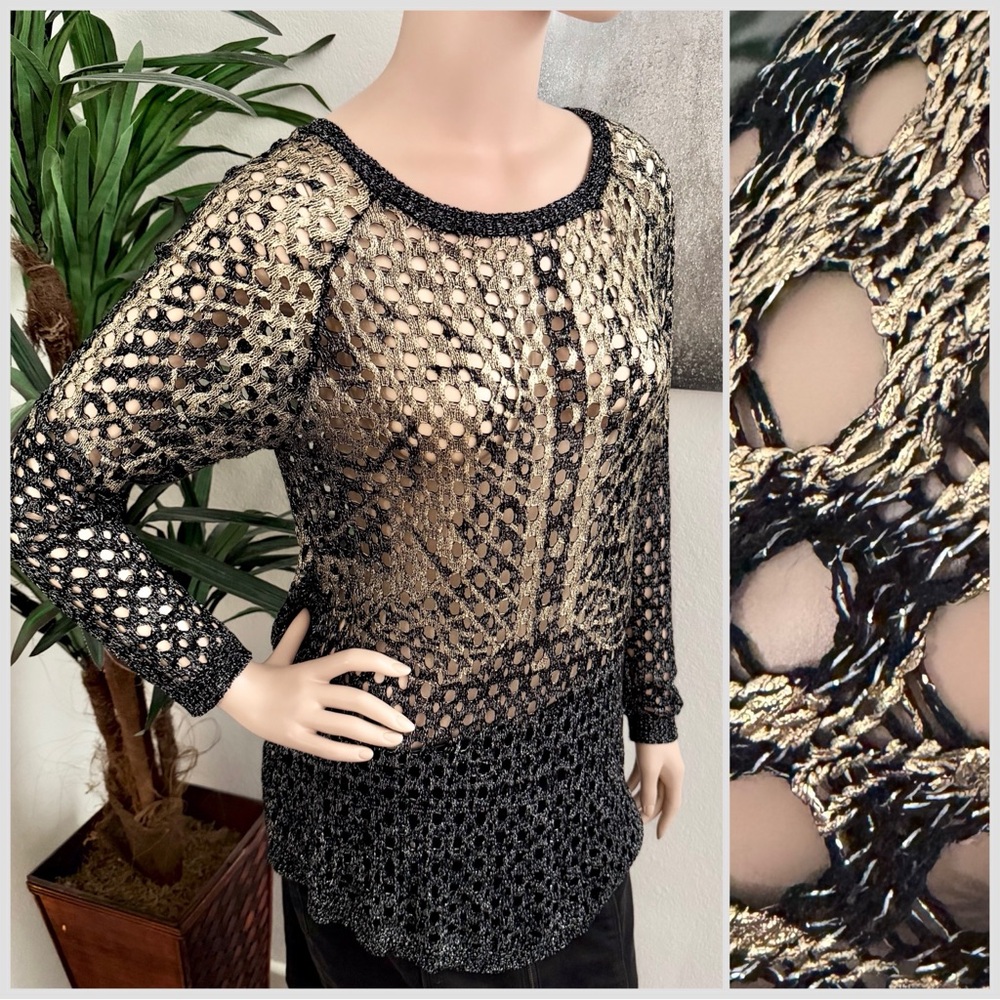 Nicole Sabbattini Black and Gold Metallic Open Knit Sweater